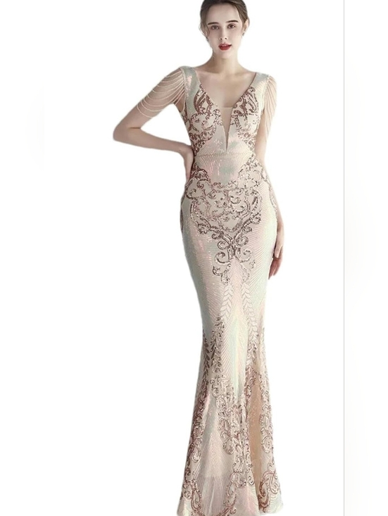 Dresses & Skirts - Gold, Floral,V Neck, Round Back, Sleeveless, Beaded, Sequined, Mermaid…